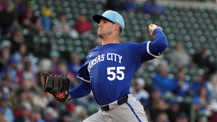 Mar 6, 2025; Mesa, Arizona, USA; Kansas City Royals pitcher Cole Ragans (55) throws against the Chicago Cubs in the first inning at Sloan Park. Mandatory Credit: Rick Scuteri-Imagn Images