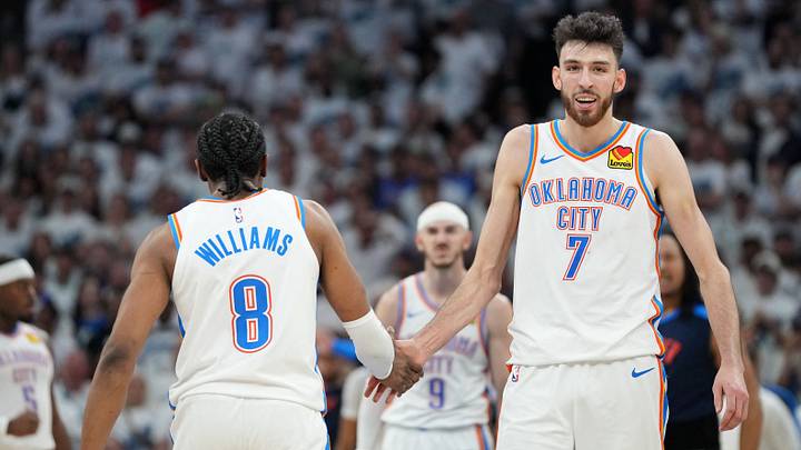 May 26, 2025; Minneapolis, Minnesota, USA;Oklahoma City Thunder forward Chet Holmgren (7) reacts with forward Jalen Williams (8) in the second half during game four of the western conference finals for the 2025 NBA Playoffs at Target Center. Mandatory Credit: Jesse Johnson-Imagn Images May 26, 2025; Minneapolis, Minnesota, USA;Oklahoma City Thunder forward Chet Holmgren (7) reacts with forward Jalen Williams (8) in the second half during game four of the western conference finals for the 2025 NBA Playoffs at Target Center. Mandatory Credit: Jesse Johnson-Imagn Images