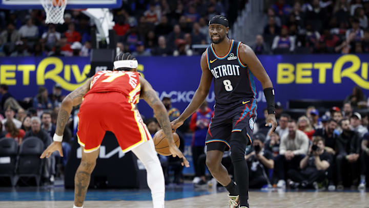 Mar 25, 2026; Detroit, Michigan, USA; Detroit Pistons guard Caris LeVert (8) dribbles defended by Atlanta Hawks guard Nickeil Alexander-Walker (7) in the first half at Little Caesars Arena. Mandatory Credit: Rick Osentoski-Imagn Images Mar 25, 2026; Detroit, Michigan, USA; Detroit Pistons guard Caris LeVert (8) dribbles defended by Atlanta Hawks guard Nickeil Alexander-Walker (7) in the first half at Little Caesars Arena. Mandatory Credit: Rick Osentoski-Imagn Images