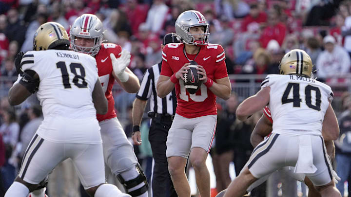 Nov 9, 2024; Columbus, Ohio, USA; Ohio State Buckeyes quarterback Julian Sayin (10) looks for an open man during the second half at Ohio Stadium. Mandatory Credit: Barbara Perenic/USA TODAY Network via Imagn Images