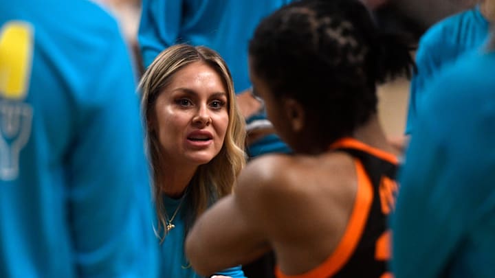 Oklahoma State head coach Jacie Hoyt speaks to her team during a timeout against Texas Tech in a Big 12 basketball game, Wednesday, Feb. 14, 2024, at United Supermarkets Arena. Oklahoma State head coach Jacie Hoyt speaks to her team during a timeout against Texas Tech in a Big 12 basketball game, Wednesday, Feb. 14, 2024, at United Supermarkets Arena.