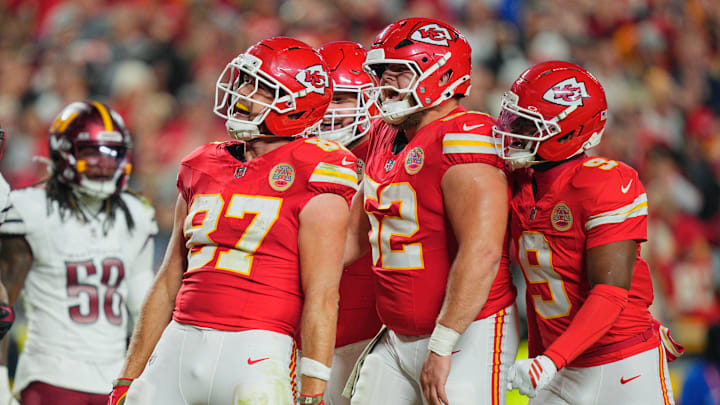 Oct 27, 2025; Kansas City, Missouri, USA; Kansas City Chiefs tight end Travis Kelce (87) celebrates after scoring a touchdown against the Washington Commanders during the third quarter of the game at GEHA Field at Arrowhead Stadium. Mandatory Credit: Jay Biggerstaff-Imagn Images