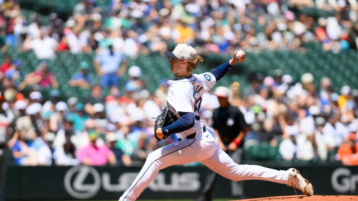 Seattle Mariners starting pitcher Bryce Miller (50) pitches to the Baltimore Orioles during the first inning at T-Mobile Park on July 4.
