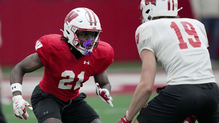 Wisconsin cornerback Geimere Latimer II (21) is shown during spring football practice Thursday, April 3, 2025 in Madison, Wisconsin. Mark Hoffman/Milwaukee Journal Sentinel