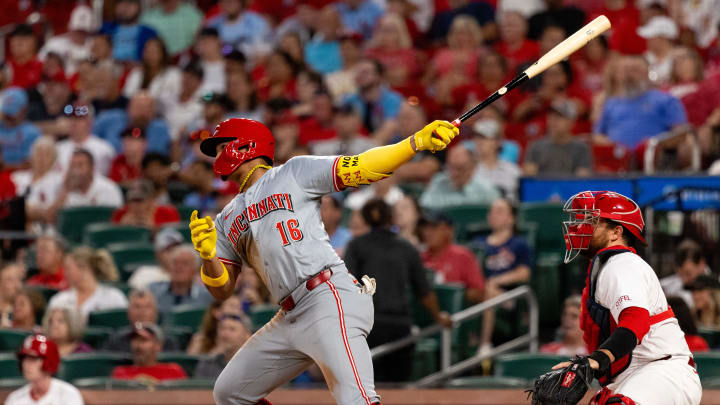 Jun 27, 2024; St. Louis, Missouri, USA; Cincinnati Reds shortstop Noelvi Marte (16) hits a single in the seventh inning against the St. Louis Cardinals at Busch Stadium. Mandatory Credit: Zach Dalin-USA TODAY Sports Jun 27, 2024; St. Louis, Missouri, USA; Cincinnati Reds shortstop Noelvi Marte (16) hits a single in the seventh inning against the St. Louis Cardinals at Busch Stadium. Mandatory Credit: Zach Dalin-USA TODAY Sports