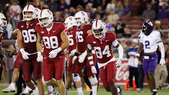 Aug 30, 2024; Stanford, California, USA; Stanford Cardinal wide receiver Ismael Cisse (84) celebrates after scoring a touchdown during the second quarter against the TCU Horned Frogs at Stanford Stadium. Mandatory Credit: Sergio Estrada-Imagn Images