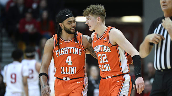 Jan 14, 2025; Bloomington, Indiana, USA; Illinois Fighting Illini guard Kylan Boswell (4) and Illinois Fighting Illini guard Kasparas Jakucionis (32) celebrate after a play during the first half against the Indiana Hoosiers at Simon Skjodt Assembly Hall. Mandatory Credit: Robert Goddin-Imagn Images Jan 14, 2025; Bloomington, Indiana, USA; Illinois Fighting Illini guard Kylan Boswell (4) and Illinois Fighting Illini guard Kasparas Jakucionis (32) celebrate after a play during the first half against the Indiana Hoosiers at Simon Skjodt Assembly Hall. Mandatory Credit: Robert Goddin-Imagn Images