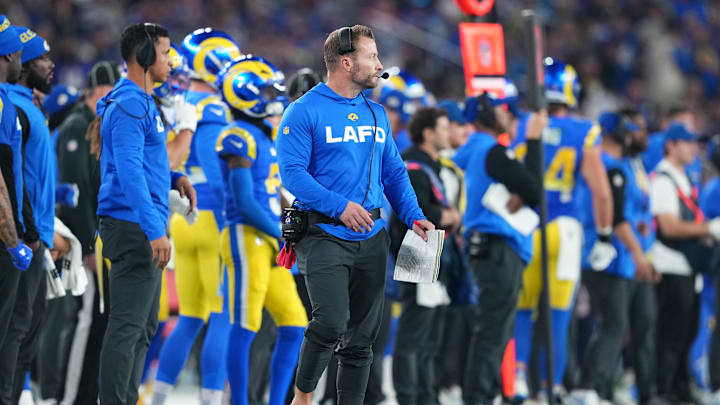 Jan 13, 2025; Glendale, AZ, USA; Los Angeles Rams head coach Sean McVay during the second half against the Minnesota Vikings in an NFC wild card game at State Farm Stadium. Mandatory Credit: Joe Camporeale-Imagn Images