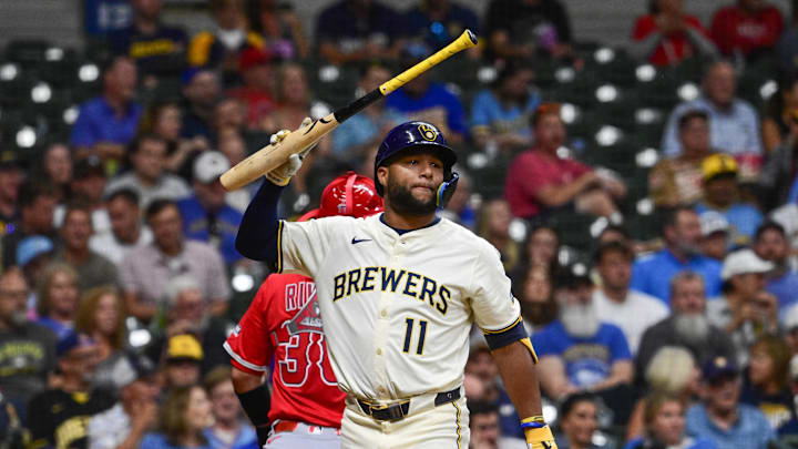 Sep 17, 2025; Milwaukee, Wisconsin, USA;  Milwaukee Brewers left fielder Jackson Chourio (11) reacts after striking out in the fifth inning against the Los Angeles Angels at American Family Field. Mandatory Credit: Benny Sieu-Imagn Images