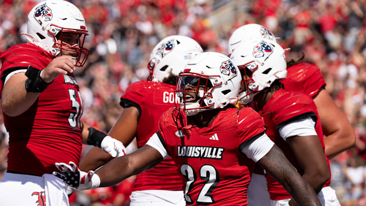 Louisville Cardinals running back Keyjuan Brown (22) celebrates his touchdown during their game against the Jacksonville State Gamecocks on Saturday, Sept. 7, 2024 at L&N Federal Credit Union Stadium in Louisville, Ky.