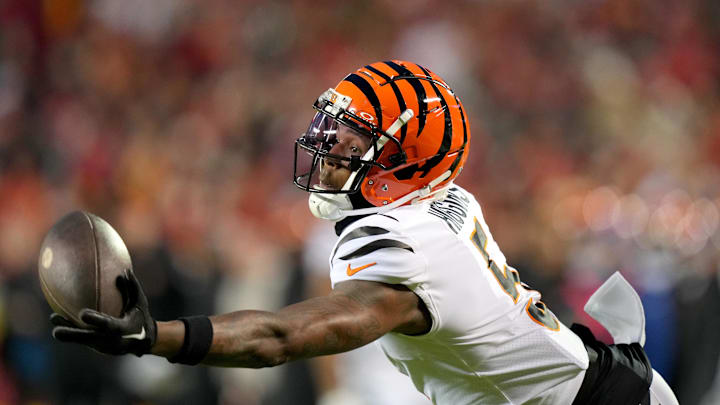 Dec 31, 2023; Kansas City, Missouri, USA; Cincinnati Bengals wide receiver Tee Higgins (5) gets his