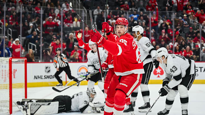 Jan 27, 2025; Detroit, Michigan, USA; Detroit Red Wings left wing Elmer Soderblom (85) celebrates his goal during the second period against the Los Angeles Kings at Little Caesars Arena. Mandatory Credit: Tim Fuller-Imagn Images