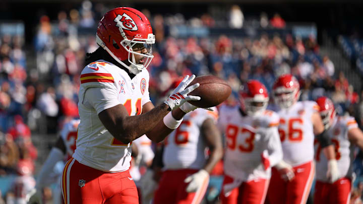 Dec 21, 2025; Nashville, Tennessee, USA; Kansas City Chiefs wide receiver Jalen Royals (11) warms up before a game against the Tennessee Titans at Nissan Stadium. Mandatory Credit: Steve Roberts-Imagn Images