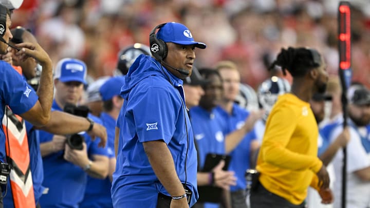 Sep 6, 2024; Dallas, Texas, USA; Brigham Young Cougars head coach Kalani Sitake during the game between the Southern Methodist Mustangs and the Brigham Young Cougars at Gerald J. Ford Stadium. Mandatory Credit: Jerome Miron-Imagn Images