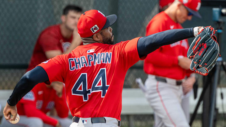 Boston Red Sox pitcher Aroldis Chapman (44) during the first day of spring training at Jet Blue Park at Fenway South. Boston Red Sox pitcher Aroldis Chapman (44) during the first day of spring training at Jet Blue Park at Fenway South.
