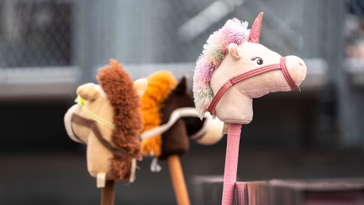 Ankeny Centennial players hold up stick horses inside their dugout during the 2025 Iowa high school state softball tournament at Harlan Rogers Sports Complex on July 21, 2025, in Fort Dodge.