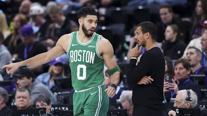 Mar 21, 2025; Salt Lake City, Utah, USA; Boston Celtics forward Jayson Tatum (0) and head coach Joe Mazzulla discuss a play against the Utah Jazz during the second half at Delta Center. Mandatory Credit: Rob Gray-Imagn Images