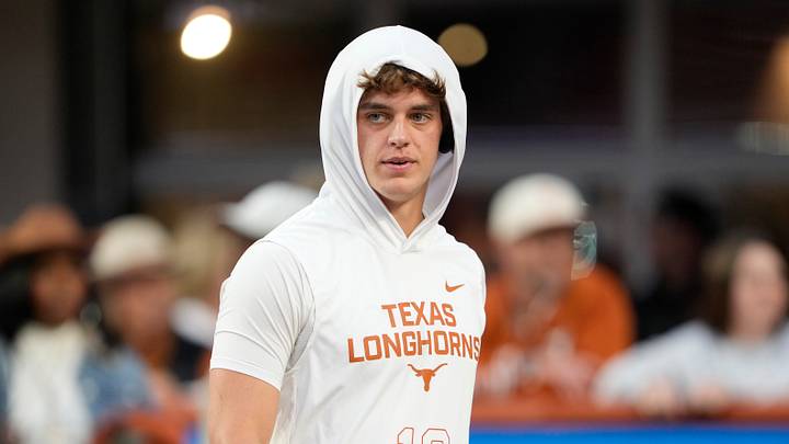 Texas Longhorns quarterback Arch Manning warms up before a game against the Texas A&M Aggies. Texas Longhorns quarterback Arch Manning warms up before a game against the Texas A&M Aggies.