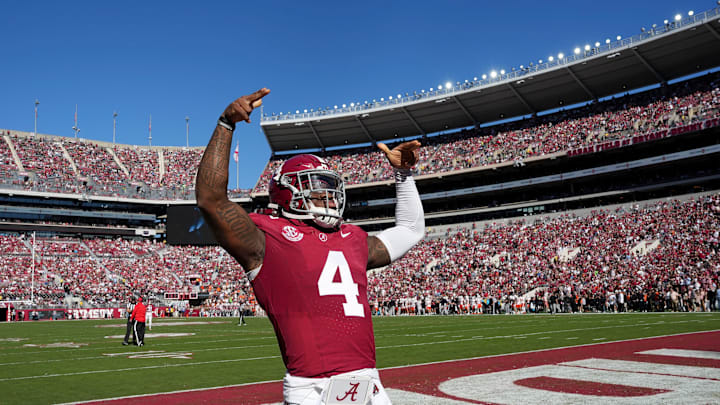 Nov 16, 2024; Tuscaloosa, AL, USA; Alabama Crimson Tide quarterback Jalen Milroe (4) gestures to fans before the start of the Crimson Tide game with Mercer at Bryant-Denny Stadium. Mandatory Credit: Gary Cosby Jr.-Tuscaloosa News