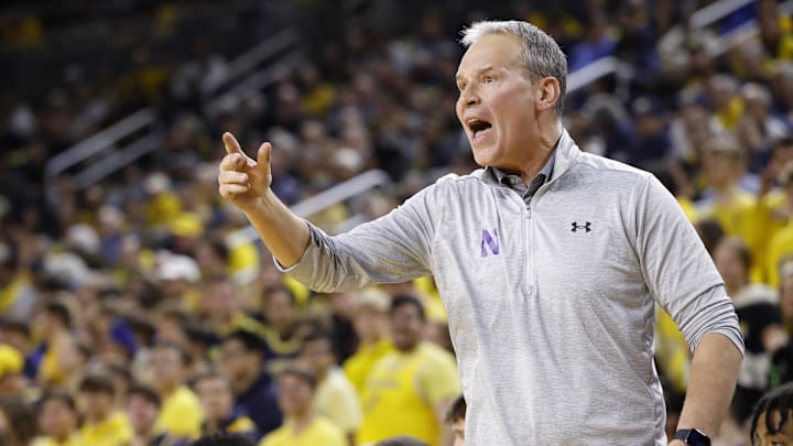 Jan 19, 2025; Ann Arbor, Michigan, USA; Northwestern Wildcats head coach Chris Collins reacts in the first half against the Michigan Wolverines at Crisler Center. Mandatory Credit: Rick Osentoski-Imagn Images Jan 19, 2025; Ann Arbor, Michigan, USA; Northwestern Wildcats head coach Chris Collins reacts in the first half against the Michigan Wolverines at Crisler Center. Mandatory Credit: Rick Osentoski-Imagn Images
