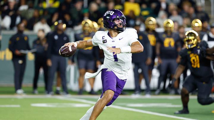 Oct 17, 2026; Waco, Texas, USA;  TCU Horned Frogs quarterback Jaden Craig (1) throws a pass against the Baylor Bears during the second half at McLane Stadium. 