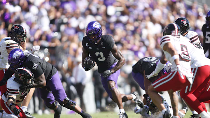 Oct 26, 2024; Fort Worth, Texas, USA; TCU Horned Frogs wide receiver Savion Williams (3) runs for a touchdown against the Texas Tech Red Raiders in the first quarter at Amon G. Carter Stadium. Mandatory Credit: Tim Heitman-Imagn Images Oct 26, 2024; Fort Worth, Texas, USA; TCU Horned Frogs wide receiver Savion Williams (3) runs for a touchdown against the Texas Tech Red Raiders in the first quarter at Amon G. Carter Stadium. Mandatory Credit: Tim Heitman-Imagn Images