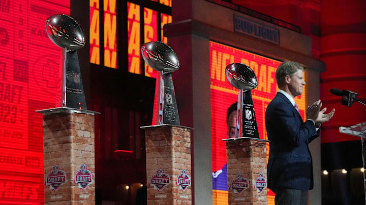 Apr 27, 2023; Kansas City, MO, USA; Kansas City Chiefs owner Clark Hunt announces the Chiefs thirty first overall pick in the first round of the 2023 NFL Draft at Union Station. Mandatory Credit: Kirby Lee-Imagn Images