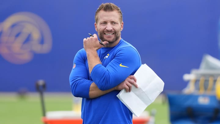 May 28, 2025; Woodland Hills, CA, USA; Los Angeles Rams head coach Sean McVay watches offensive drills during organized team activities at Rams Practice Facility. Mandatory Credit: Kirby Lee-Imagn Images May 28, 2025; Woodland Hills, CA, USA; Los Angeles Rams head coach Sean McVay watches offensive drills during organized team activities at Rams Practice Facility. Mandatory Credit: Kirby Lee-Imagn Images