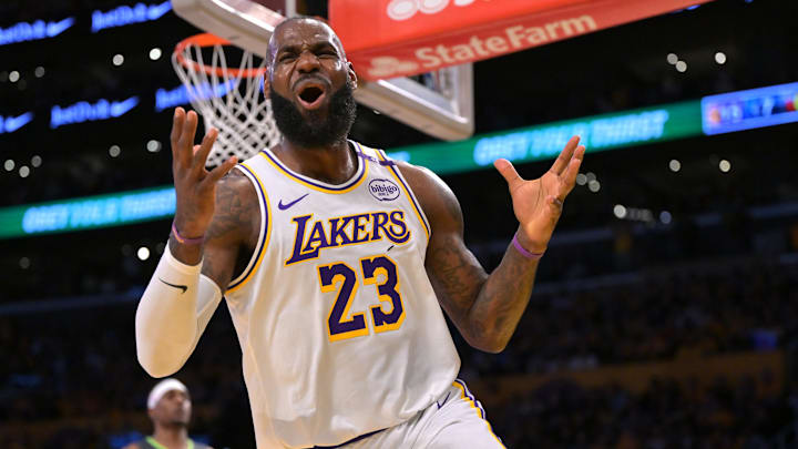 Apr 19, 2025; Los Angeles, California, USA; Los Angeles Lakers forward LeBron James (23) reacts after missing a pass in the first quarter against the Minnesota Timberwolves at Crypto.com Arena. Mandatory Credit: Jayne Kamin-Oncea-Imagn Images Apr 19, 2025; Los Angeles, California, USA; Los Angeles Lakers forward LeBron James (23) reacts after missing a pass in the first quarter against the Minnesota Timberwolves at Crypto.com Arena. Mandatory Credit: Jayne Kamin-Oncea-Imagn Images