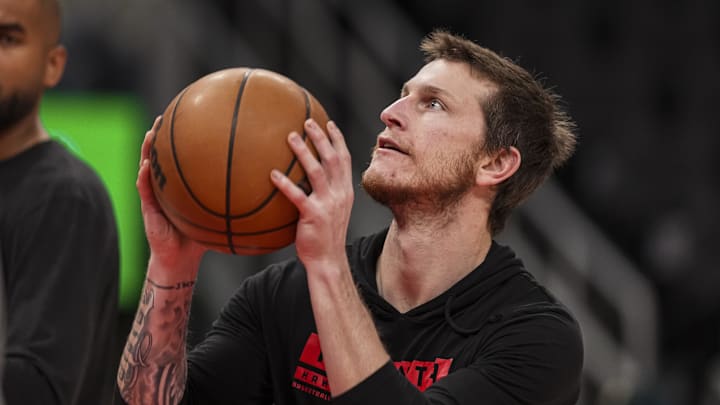 Atlanta Hawks guard Garrison Mathews on the court prior to the game against the Philadelphia 76ers. Mandatory Credit: Dale Zanine-Imagn Images
