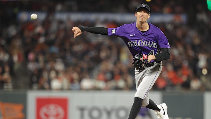 Sep 26, 2025; San Francisco, California, USA; Colorado Rockies relief pitcher Jimmy Herget (44) pitches the ball against the San Francisco Giants during the eighth inning at Oracle Park. Mandatory Credit: Kelley L Cox-Imagn Images Sep 26, 2025; San Francisco, California, USA; Colorado Rockies relief pitcher Jimmy Herget (44) pitches the ball against the San Francisco Giants during the eighth inning at Oracle Park. Mandatory Credit: Kelley L Cox-Imagn Images
