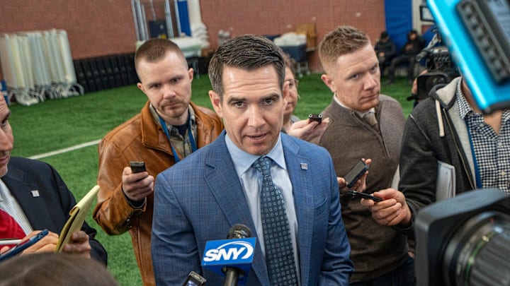 New York Giants General Manager Joe Schoen fields questions from reporters during a press conference introducing new Head Coach John Harbaugh at the Quest Diagnostics Training Center in East Rutherford on Tuesday, Jan. 20, 2025.