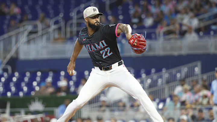 May 17, 2025; Miami, Florida, USA;  Miami Marlins starting pitcher Sandy Alcantara (22) pitches against the Tampa Bay Rays during the first inning at loanDepot Park. Mandatory Credit: Rhona Wise-Imagn Images