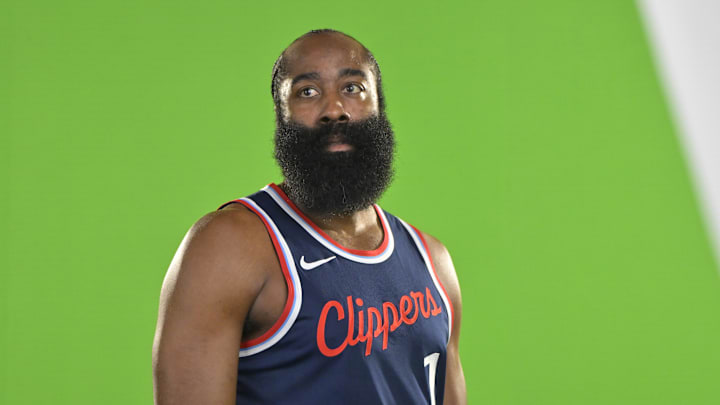 Los Angeles Clippers guard James Harden (1) is filmed during media day at Intuit Dome. 