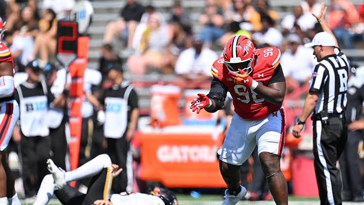 Sep 13, 2025; College Park, Maryland, USA; Maryland Terrapins defensive lineman Eyan Thomas (98) celebrates after sacking Towson Tigers quarterback Andrew Indorf (13) in the first half at SECU Stadium. Mandatory Credit: Jamie Sabau-Imagn Images Sep 13, 2025; College Park, Maryland, USA; Maryland Terrapins defensive lineman Eyan Thomas (98) celebrates after sacking Towson Tigers quarterback Andrew Indorf (13) in the first half at SECU Stadium. Mandatory Credit: Jamie Sabau-Imagn Images