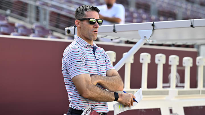 Aug 31, 2024; College Station, Texas, USA;  Houston Texans general manager Nick Caserio looks on prior to the game between the Texas A&M Aggies and the Notre Dame Fighting Irish at Kyle Field. Mandatory Credit: Maria Lysaker-Imagn Images