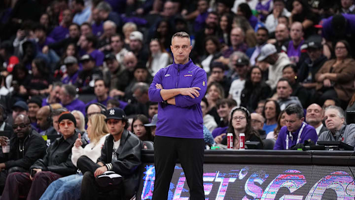 Oct 23, 2024; Toronto, Ontario, CAN; Toronto Raptors head coach Darko Rajakovic watches the play against the Cleveland Cavaliers during the fourth quarter at Scotiabank Arena. Mandatory Credit: Nick Turchiaro-Imagn Images