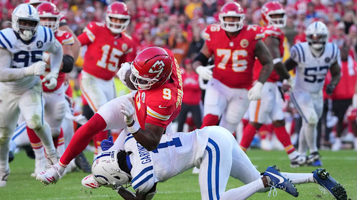 Nov 23, 2025; Kansas City, Missouri, USA; Kansas City Chiefs wide receiver JuJu Smith-Schuster (9) runs against Indianapolis Colts cornerback Sauce Gardner (1) in the second half at GEHA Field at Arrowhead Stadium. Mandatory Credit: Denny Medley-Imagn Images