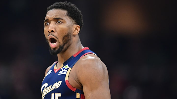 Apr 20, 2026; Cleveland, Ohio, USA; Cleveland Cavaliers guard Donovan Mitchell (45) reacts after a made basket during the second half during game two of the first round of the 2026 NBA Playoffs against the Toronto Raptors at Rocket Arena. Mandatory Credit: David Dermer-Imagn Images