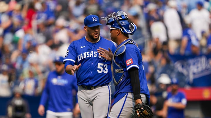 Aug 3, 2025; Toronto, Ontario, CAN;  Kansas City Royals pitcher Carlos Estévez (53) celebrates after defeating the Toronto Blue Jays with Kansas City Royals catcher Salvador Perez (13) at Rogers Centre. Mandatory Credit: Kevin Sousa-Imagn Images