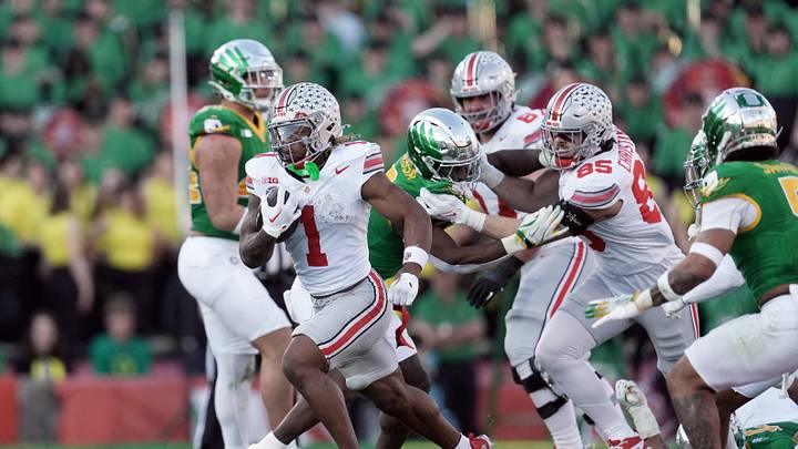 Jan 1, 2025; Pasadena, CA, USA; Ohio State Buckeyes running back Quinshon Judkins (1) runs in the first half against the Oregon Ducks in the 2025 Rose Bowl college football quarterfinal game at Rose Bowl Stadium. Mandatory Credit: Kirby Lee-Imagn Images Jan 1, 2025; Pasadena, CA, USA; Ohio State Buckeyes running back Quinshon Judkins (1) runs in the first half against the Oregon Ducks in the 2025 Rose Bowl college football quarterfinal game at Rose Bowl Stadium. Mandatory Credit: Kirby Lee-Imagn Images