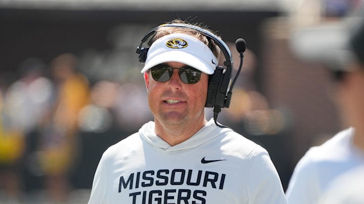 Missouri Tigers head coach Eli Drinkwitz on field against the Louisiana-Lafayette Ragin Cajuns during the first half of the game at Faurot Field at Memorial Stadium. 