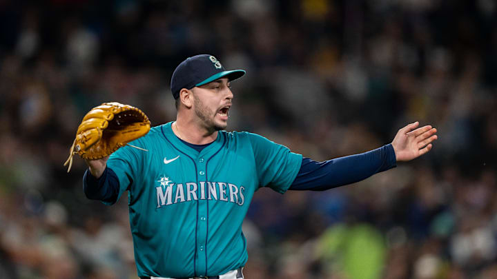 Seattle Mariners relief pitcher Tayler Saucedo (60) gestures during a game against the Oakland Athletics at T-Mobile Park in 2024.