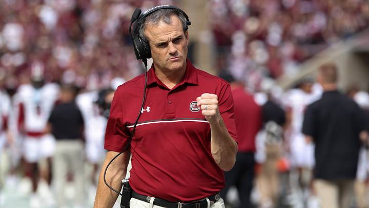 Nov 15, 2025; College Station, Texas, USA; South Carolina Gamecocks head coach Shane Beamer walks on the sideline before the game against the Texas A&M Aggies at Kyle Field. Mandatory Credit: Troy Taormina-Imagn Images
