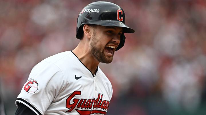 Oct 12, 2024: Cleveland Guardians outfielder Lane Thomas (8) runs the bases after hitting a grand slam in the fifth inning against the Detroit Tigers during game five of the ALDS for the 2024 MLB Playoffs at Progressive Field. Credit: Ken Blaze-Imagn Images