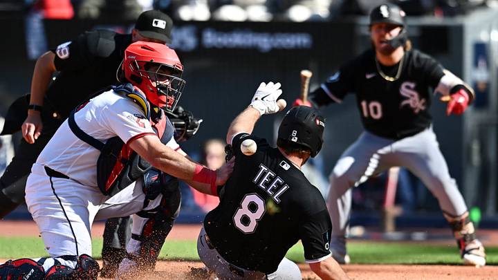 Oct 3, 2026; Cleveland, Ohio, USA; Chicago White Sox catcher Kyle Teel (8) is safe at home as Cleveland Guardians catcher Austin Hedges (27) loses the ball during the seventh inning in game one of the ALDS for the 2026 MLB Playoffs at Progressive Field. Mandatory Credit: Ken Blaze-Imagn Images Oct 3, 2026; Cleveland, Ohio, USA; Chicago White Sox catcher Kyle Teel (8) is safe at home as Cleveland Guardians catcher Austin Hedges (27) loses the ball during the seventh inning in game one of the ALDS for the 2026 MLB Playoffs at Progressive Field. Mandatory Credit: Ken Blaze-Imagn Images
