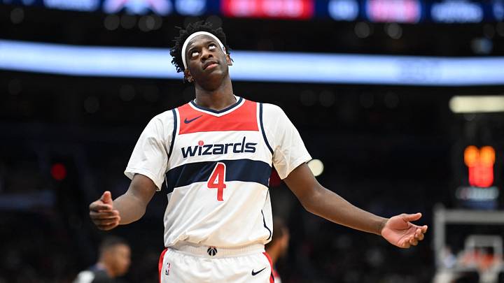 Oct 10, 2026; Washington, District of Columbia, USA; Washington Wizards forward AJ Dybantsa (4) reacts after a play against the Detroit Pistons during the third quarter at Capital One Arena. Mandatory Credit: Rafael Suanes-Imagn Images Oct 10, 2026; Washington, District of Columbia, USA; Washington Wizards forward AJ Dybantsa (4) reacts after a play against the Detroit Pistons during the third quarter at Capital One Arena. Mandatory Credit: Rafael Suanes-Imagn Images