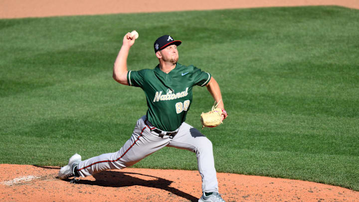 Former Nebraska Cornhuskers pitcher Spencer Schwellenbach (88) of the Atlanta Braves pitches to the American League.