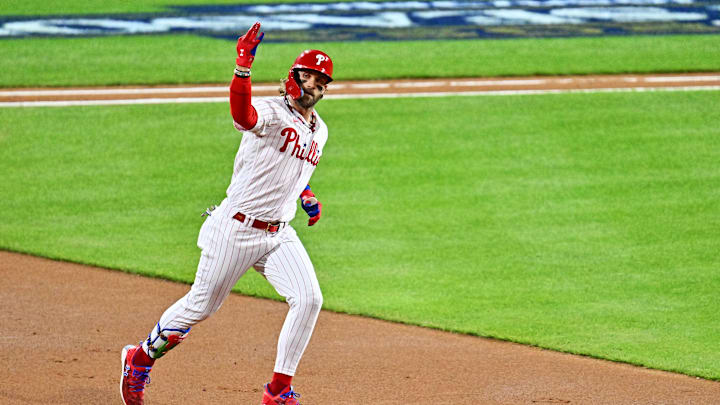 Oct 16, 2023; Philadelphia, Pennsylvania, USA; Philadelphia Phillies first baseman Bryce Harper (3)