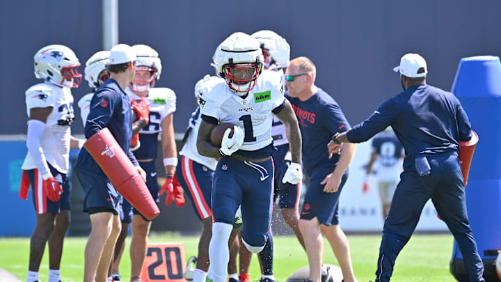 Jul 28, 2025; Foxborough, MA, USA; New England Patriots wide receiver Ja'Lynn Polk (1) does a drill during training camp at Gillette Stadium. Mandatory Credit: Eric Canha-Imagn Images